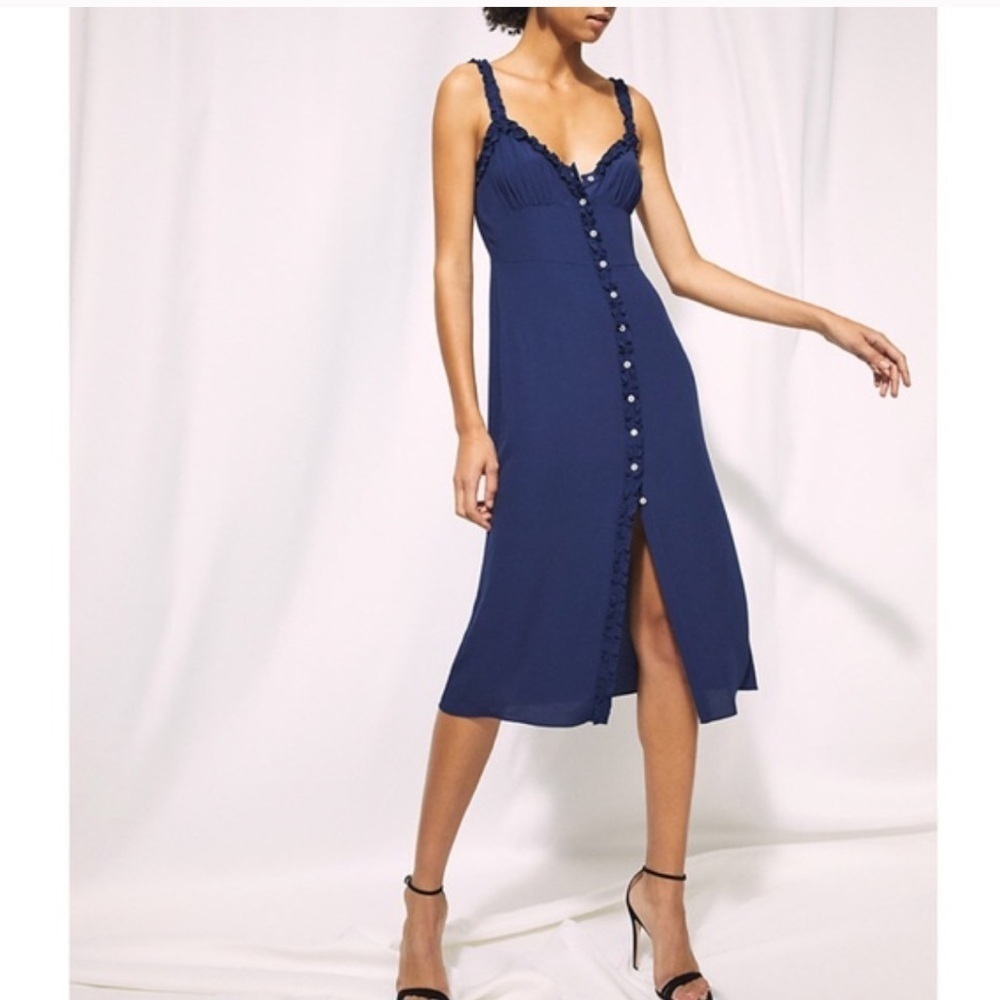 Aritzia WILFRED Heartthrob  Dress Button Up Ruffle Midi Classic Navy Blue